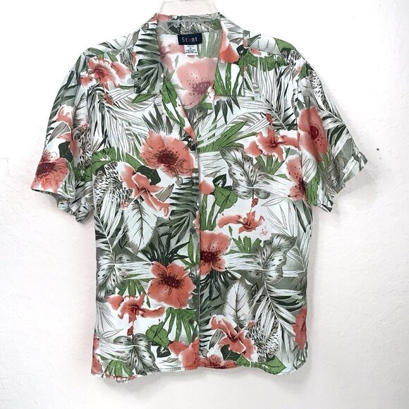 Stunt Floral Camp Shirt Womens XL Silk Button Up Side Slits Hibiscus Tropical - Picture 1 of 9